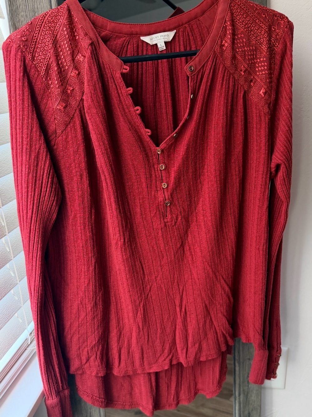 Lucky Brand Deep Red Henley Long-Sleeve Top with Lace Yoke